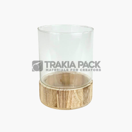 Стъклена ваза/свещник цилиндър с дървена основа - 14х19см