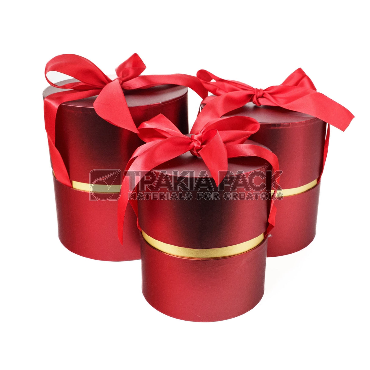 Кутии цилиндър металик с панделка 3бр/ 19,5х21,5см - червени