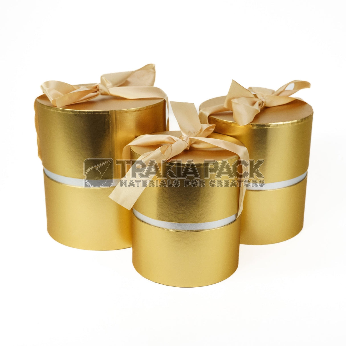 Кутии цилиндър металик с панделка 3бр/ 19,5х21,5см - златни