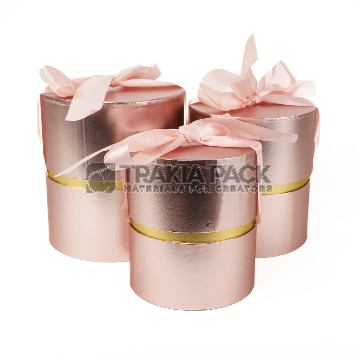 Кутии цилиндър металик с панделка 3бр/ 19,5х21,5см - розови