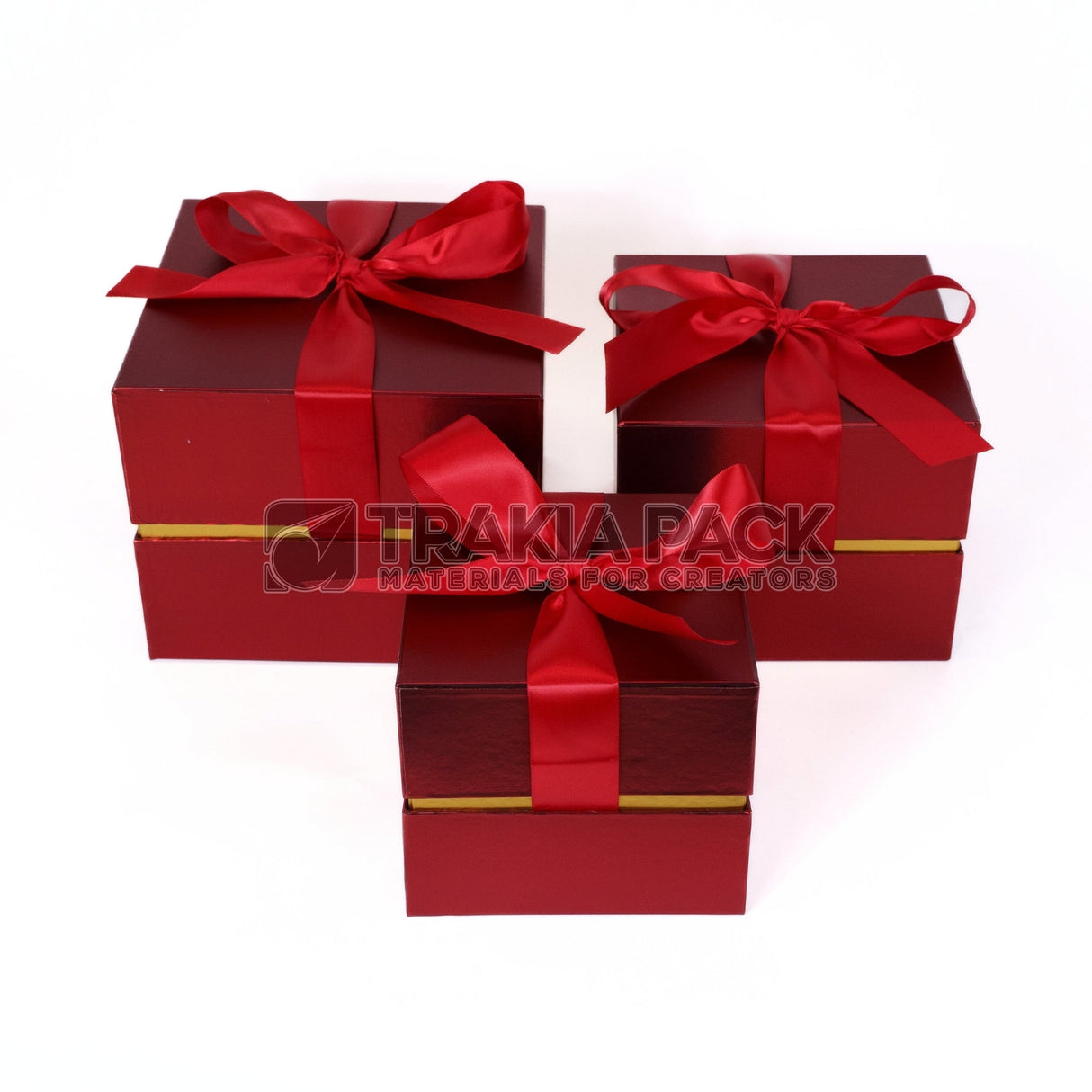 Кутии квадрат металик с панделка 3бр/ 22х22х16см - червени