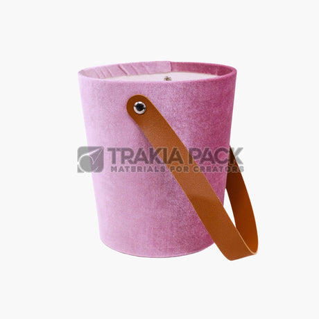 Велурена кутия с кожена дръжка 14х15х12см - тъмно розова