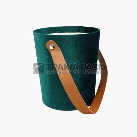 Велурена кутия с кожена дръжка 14х15х12см - зелена