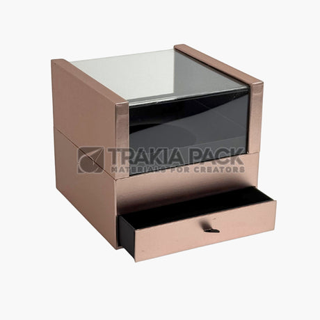 Отваряща кутия с чекмедже и прозрачен капак 17,5х17,5х16см - розово злато