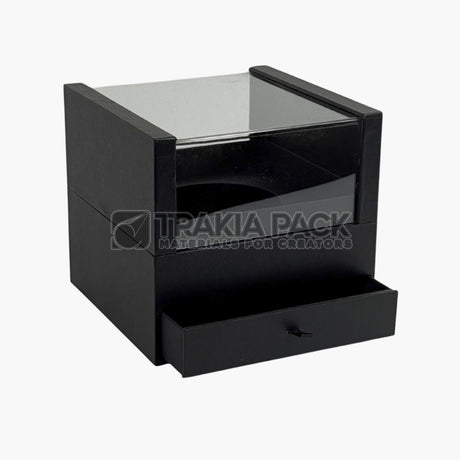 Отваряща кутия с чекмедже и прозрачен капак 17,5х17,5х16см - черна