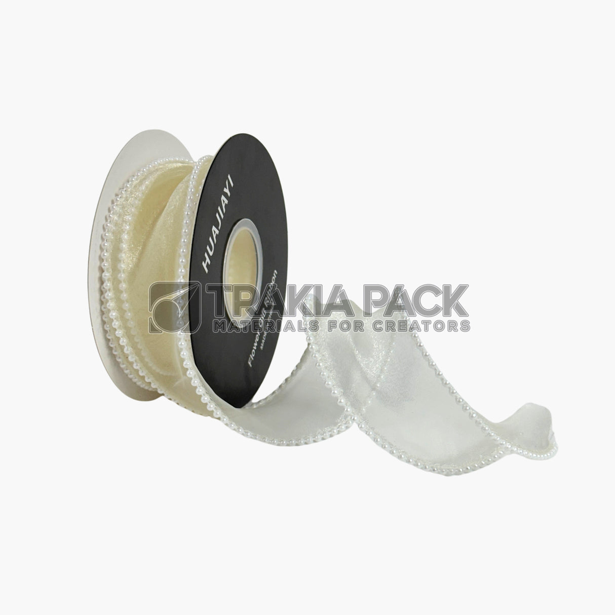 Панделка органза с перли - 4см х 5м - екрю